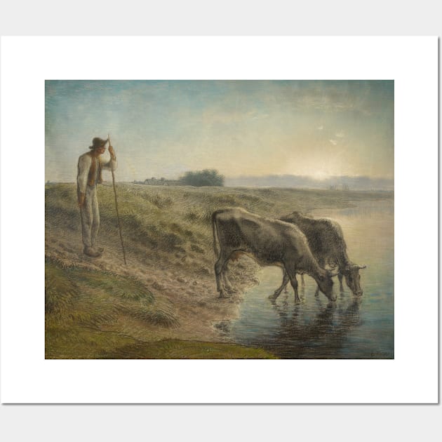 Peasant Watering His Cows on the Bank of the Allier River, Dusk by Jean-Francois Millet Wall Art by Classic Art Stall